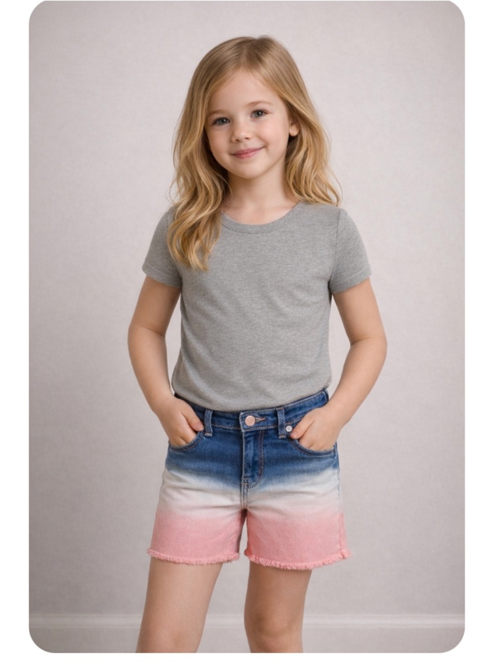 Jordache Girls Ombre Denim Shorts in Blue, White & Pink